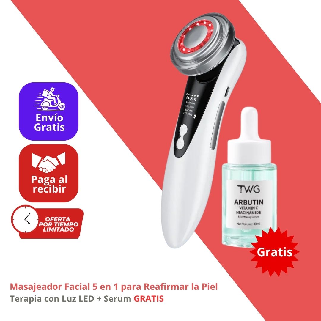 Masajeador Facial 5 en 1 para Reafirmar la Piel – Terapia con Luz LED