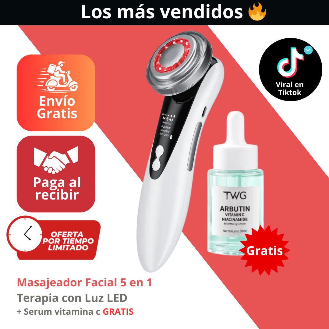 Masajeador Facial 5 en 1 para Reafirmar la Piel – Terapia con Luz LED